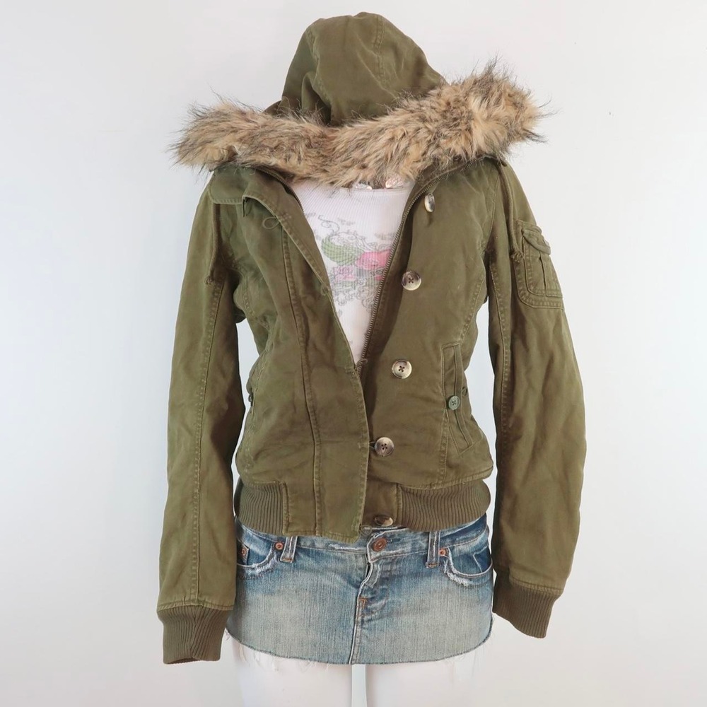 olive green faux fur hooded jacket y2k